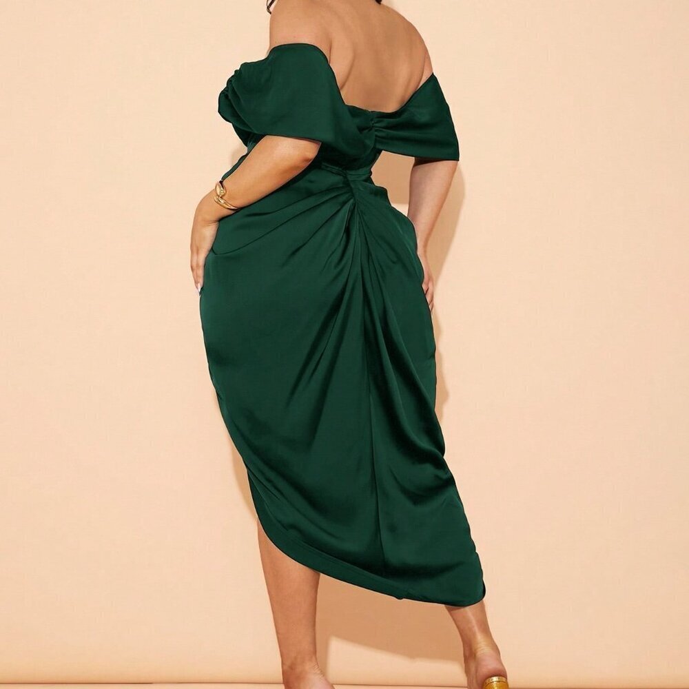 Dark Green Elegant Women's Plus Size Draping Midi Dress - Picture 2 of 7